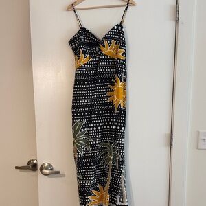 LOFT Black Maxi Slip Dress with Yellow Sun & Green Palm Print